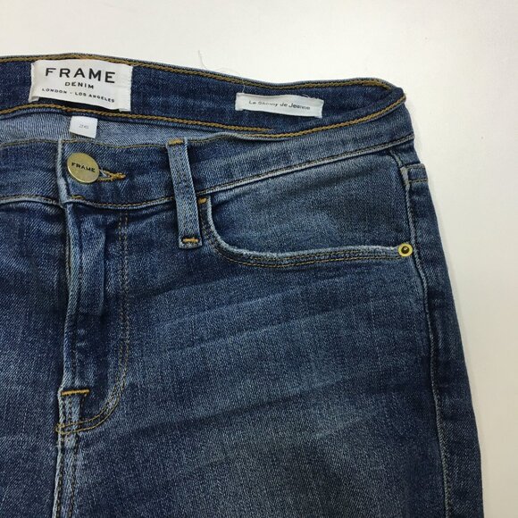 FRAME Le Skinny De Jeanne Knickerson Wash Raw Hem Logo Hardware Distressed Jeans - Picture 6 of 14